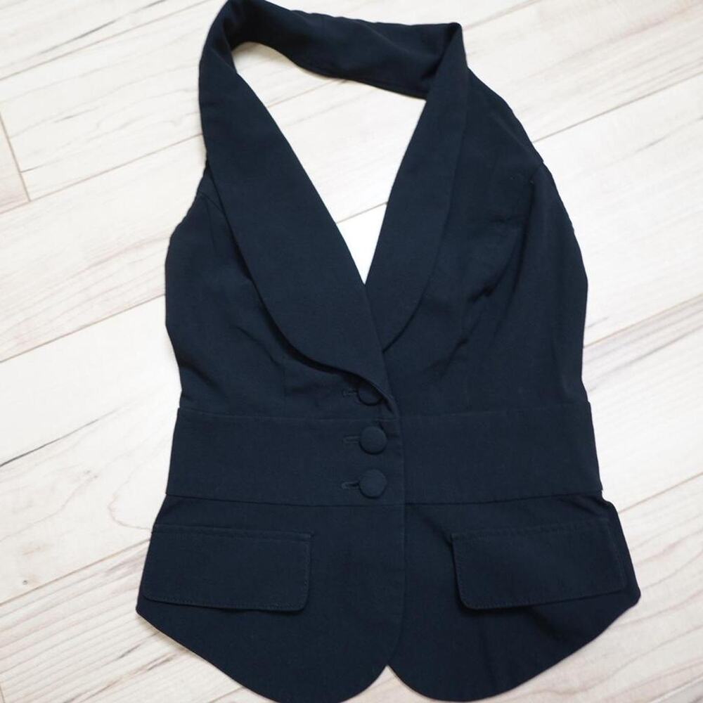 Bisou Bisou Black Cropped Vest Smocked Back Covered Buttons Y2K Goth Glam XS